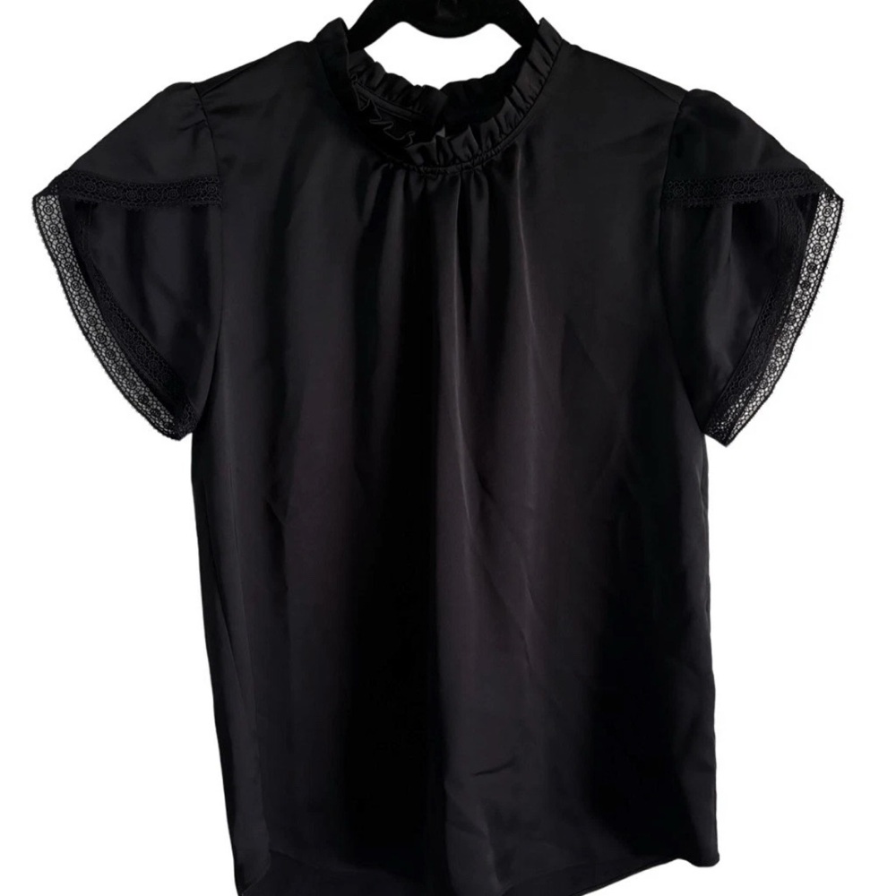 J Crew Black Ruffle Neck Top XS